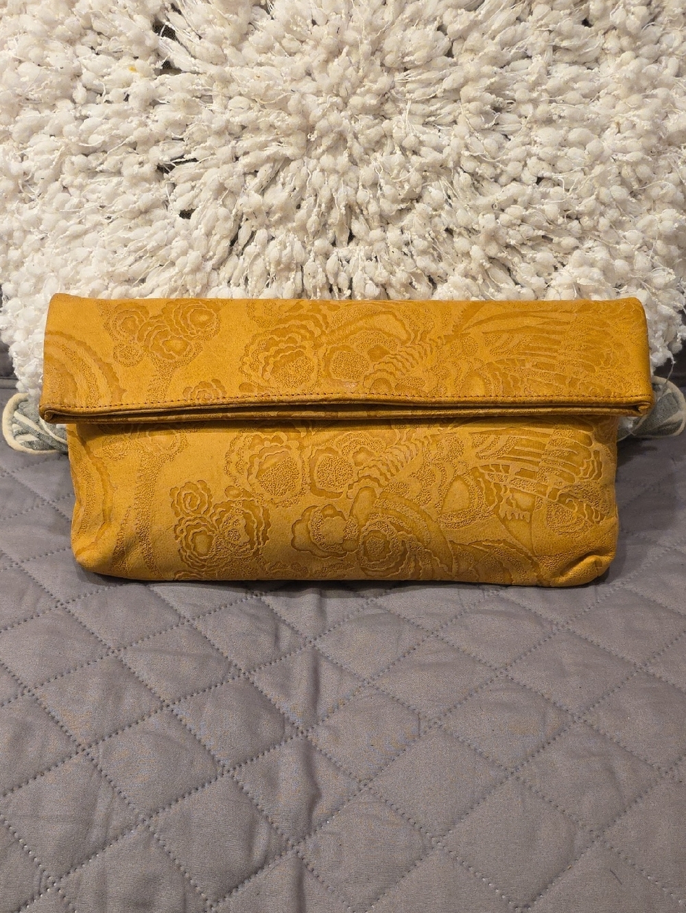 Vasiliki Lagis Mustard Yellow Floral Embossed Fold-Over Leather Clutch